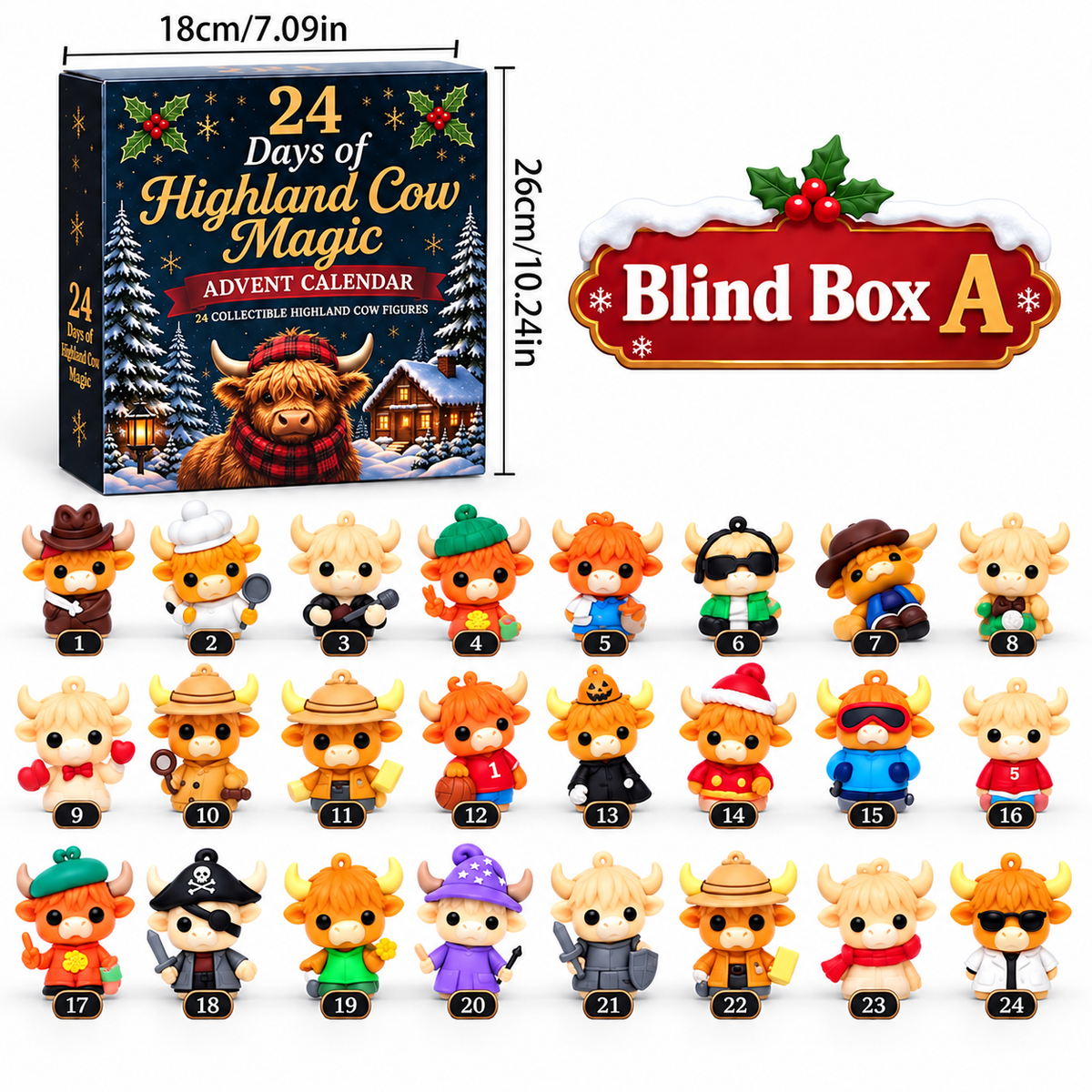 24 Days of Highland Cow Magic Advent Calendar – 24 Collectible Christmas Cow Figures