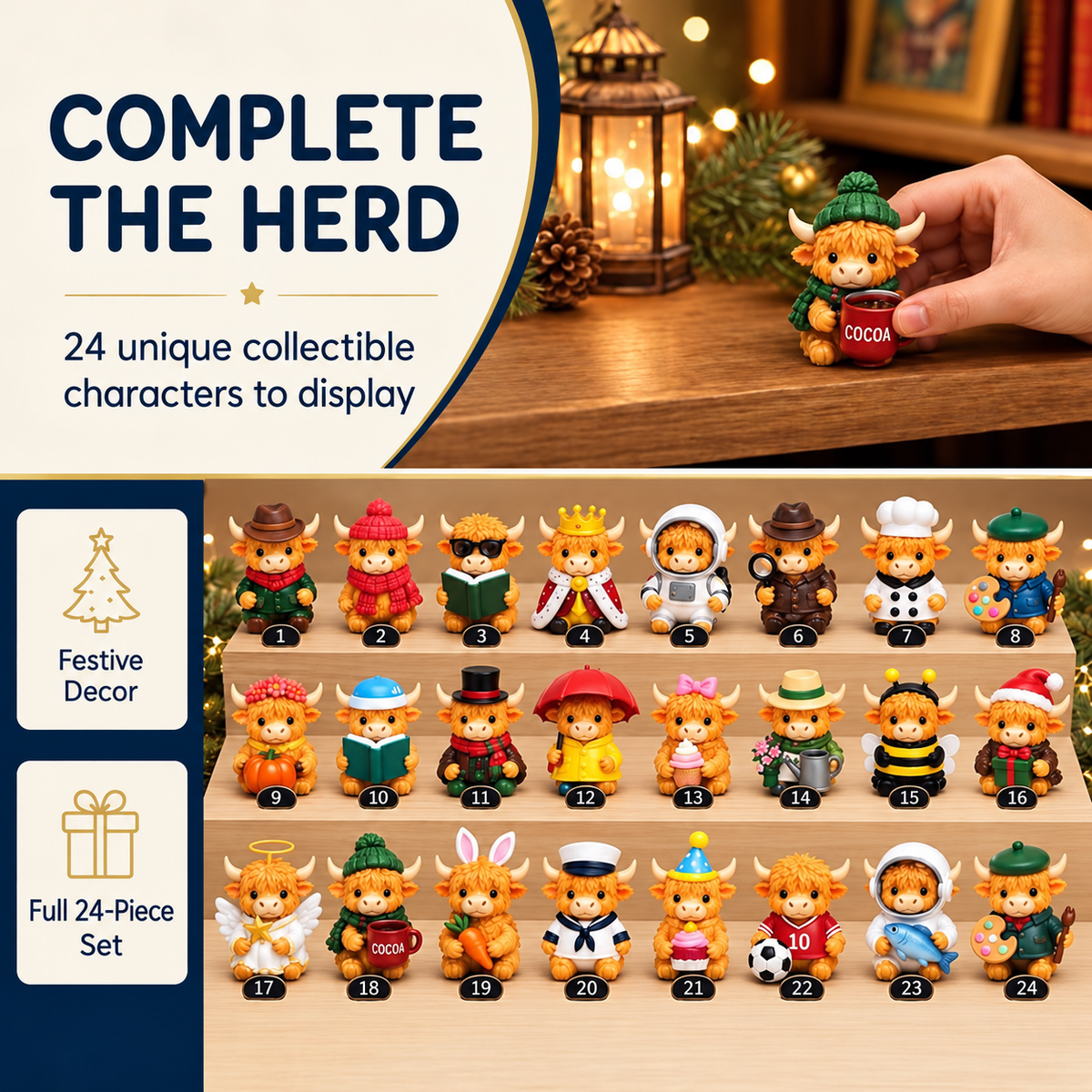 24 Days of Highland Cow Magic Advent Calendar – 24 Collectible Christmas Cow Figures