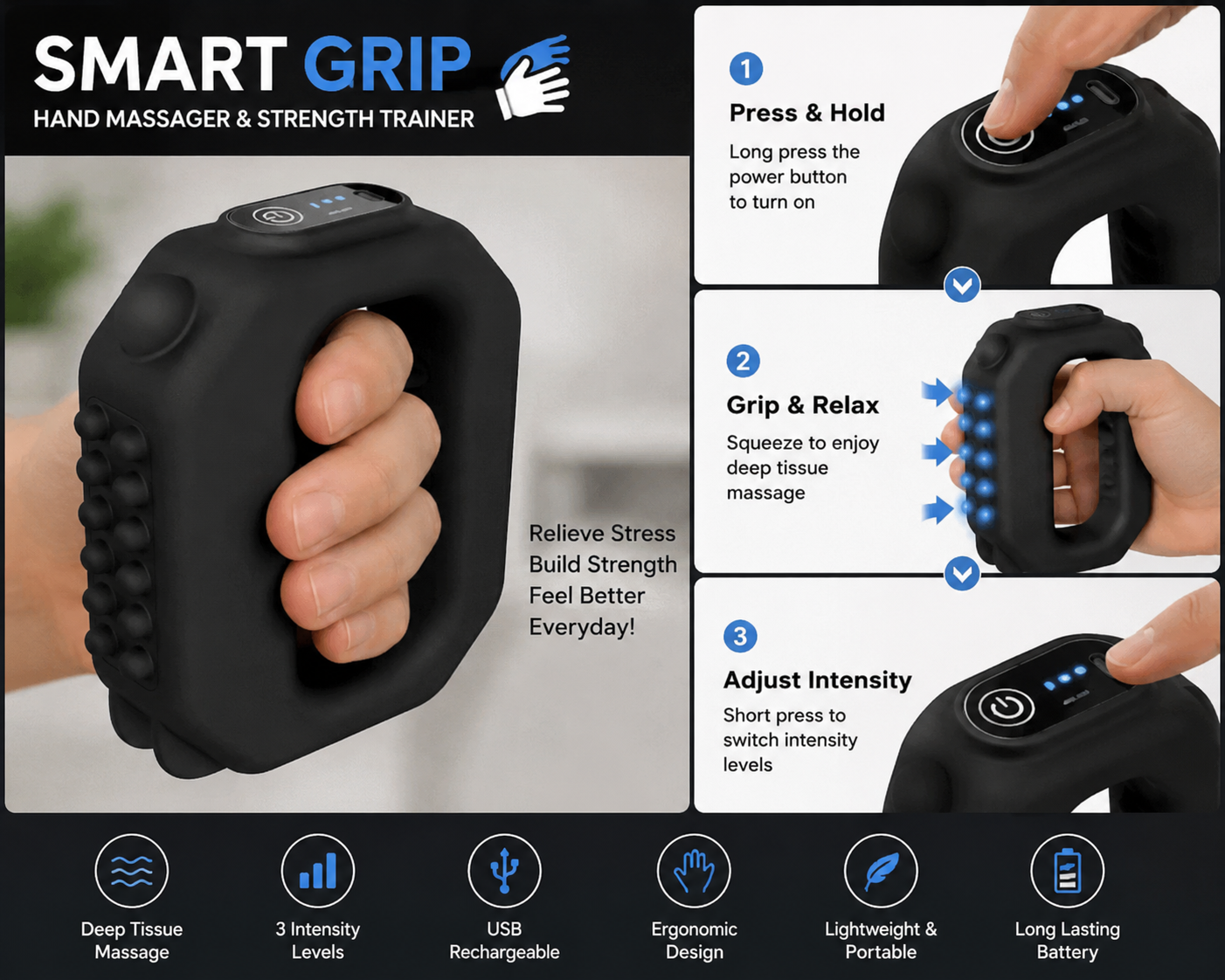 Smart Grip Hand Massager & Strength Trainer (USB Rechargeable)