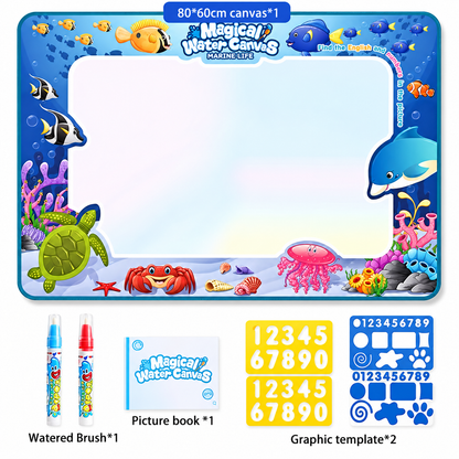 Magic Water Doodle Mat for Kids – Reusable Large Drawing Canvas with Water Pens & Stencils