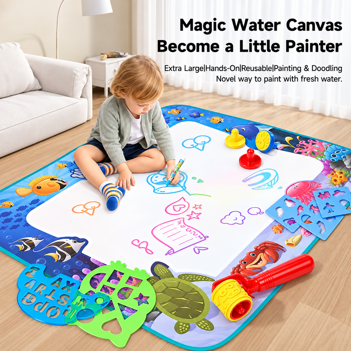 Magic Water Doodle Mat for Kids – Reusable Large Drawing Canvas with Water Pens & Stencils