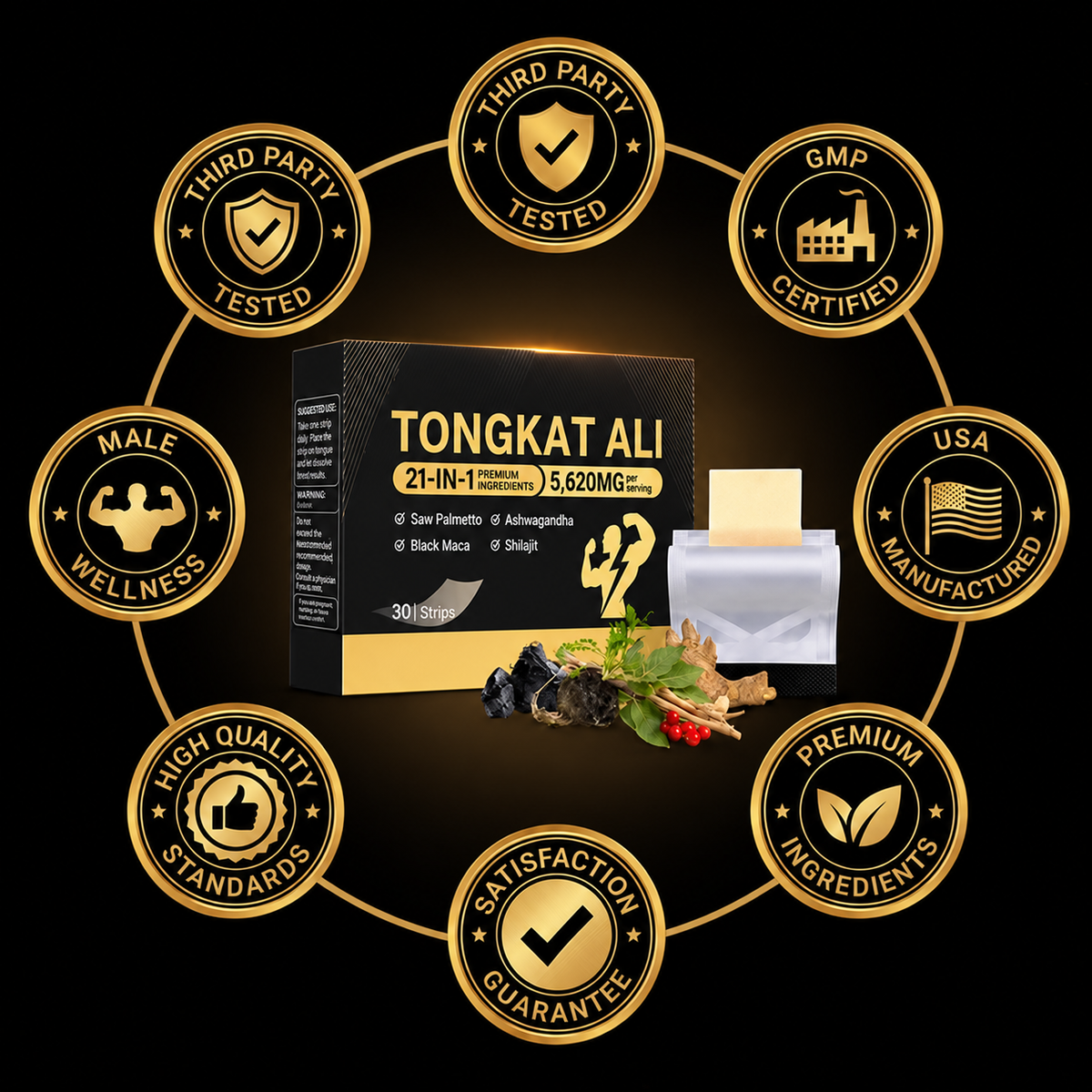 Tongkat Ali 21-in-1 Men’s Wellness Strips – 5,620mg Herbal Blend with Ashwagandha, Black Maca, Shilajit & Saw Palmetto