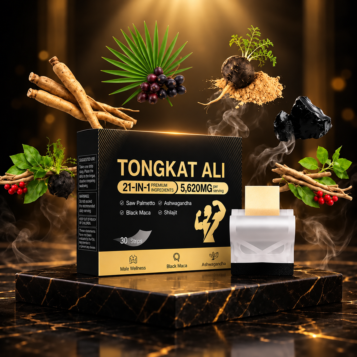 Tongkat Ali 21-in-1 Men’s Wellness Strips – 5,620mg Herbal Blend with Ashwagandha, Black Maca, Shilajit & Saw Palmetto