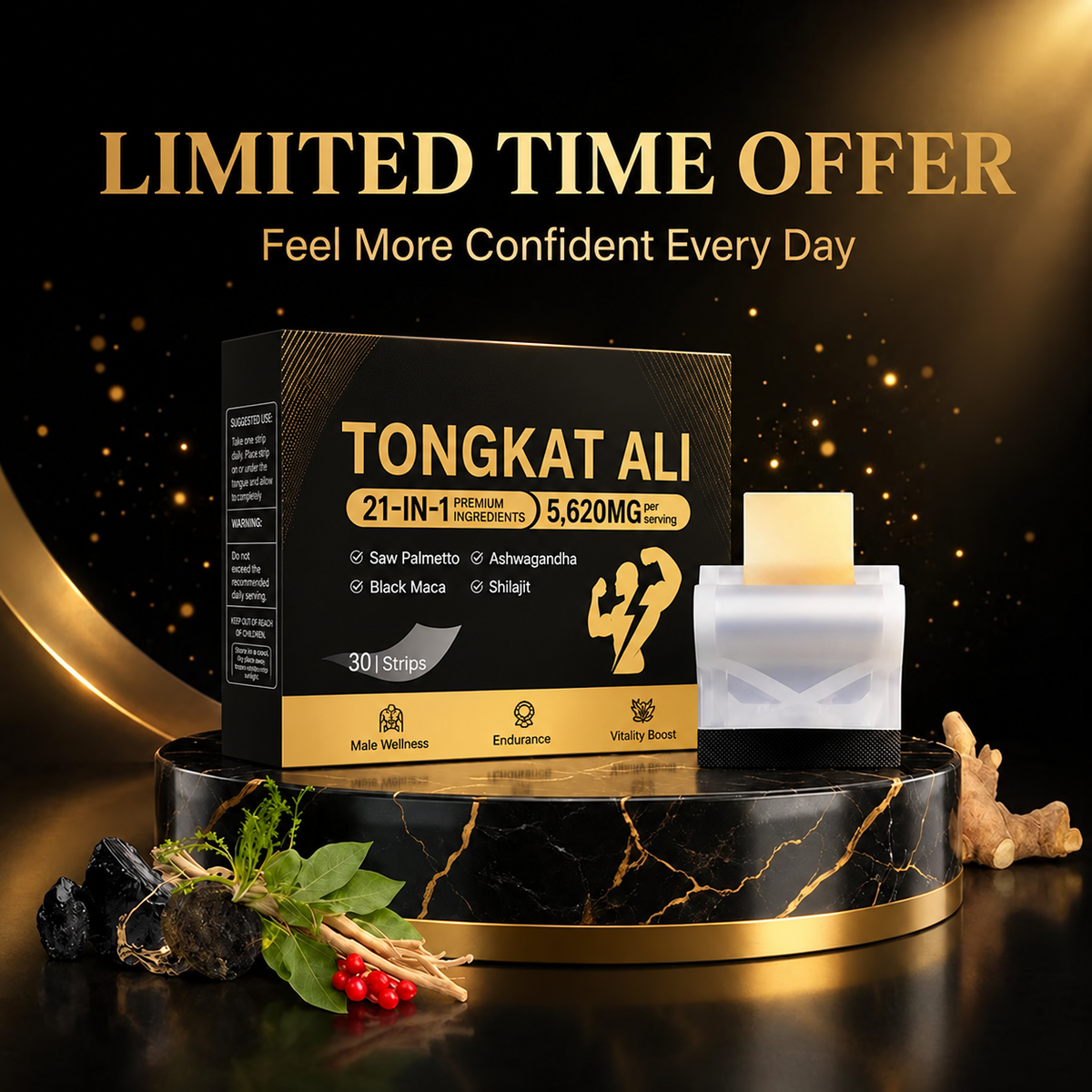 Tongkat Ali 21-in-1 Men’s Wellness Strips – 5,620mg Herbal Blend with Ashwagandha, Black Maca, Shilajit & Saw Palmetto